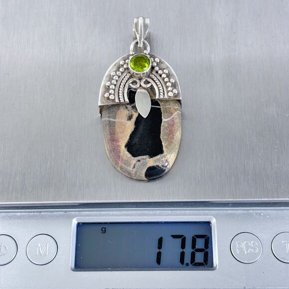 Vintage Sterling Silver 925 Jasper and Green Cubic Zirconia Pendant - Picture 6 of 7